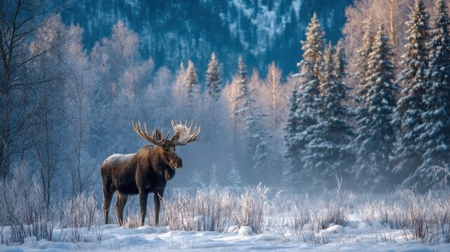 Majestic moose in snowy forest at sunrise with frosty trees and misty atmosphere.