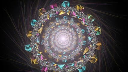 Vibrant geometric mandala with radiant central light and multicolored crystalline patterns perfect