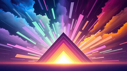 Vibrant geometric pyramid illuminated by radiant multicolored light beams in a surreal cosmic scene