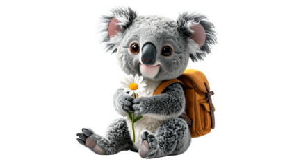 Adorable koala, with backpack, holds a daisy, looking friendly, animated style