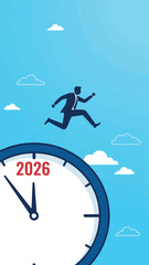 Businessman running towards the future year 2026 on a clock face