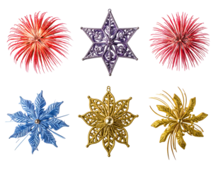 Six colorful, intricate festive star ornaments against black