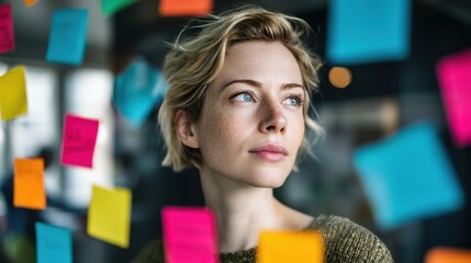 Thoughtful young caucasian female surrounded by colorful sticky notes in creative workspace.