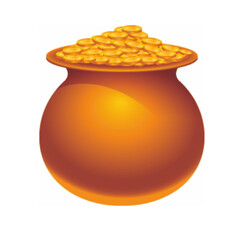 Shiny golden treasure pot filled to the brim with a mound of gold coins. © Kay