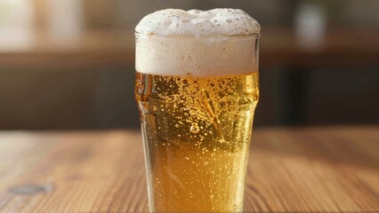 Glass of beer with frothy head and bubbles on wooden table