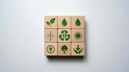 Obraz premium Eco Icons on Wooden Blocks: Sustainability Grid and Green Initiatives