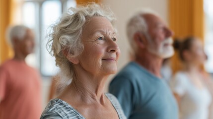 Smiling senior woman participating in an indoor group exercise for fitness and health