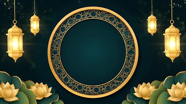 Gold Ramadan lantern and frame on dark green background