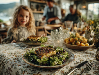 a table set for a meal with a plate of grilled salmon on a bed of salad in the foreground. In the background, there are people gathered around the table, enjoying the meal