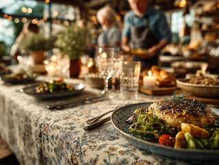 a table set for a meal with a plate of grilled salmon on a bed of salad in the foreground. In the background, there are people gathered around the table, enjoying the meal