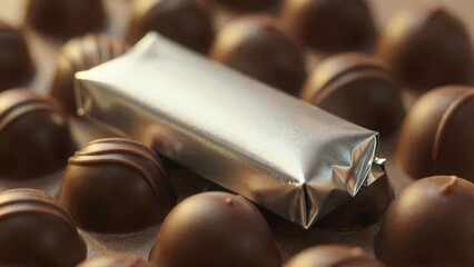 Silver-wrapped chocolate bar among round chocolates