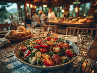 a table set for a meal with a plate of grilled salmon on a bed of salad in the foreground. In the background, there are people gathered around the table, enjoying the meal
