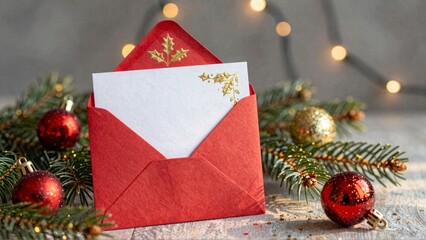 Red envelope with Christmas card and festive decorations