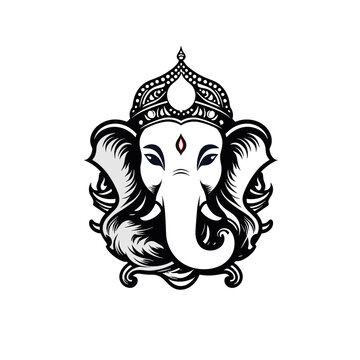 Stylized black and white illustration of Lord Ganesha's head wearing an ornate, decorative crown.