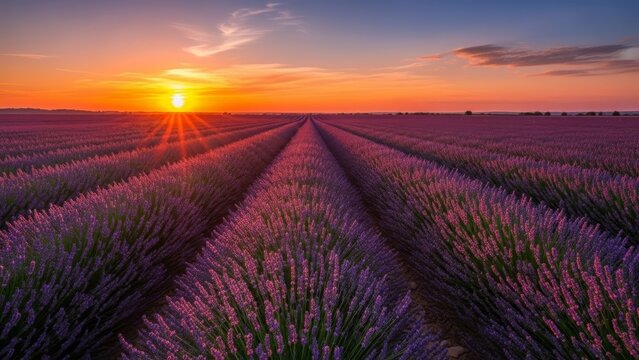Vibrant lavender field at sunset with purple flowers and orange sky - Powered by Adobe