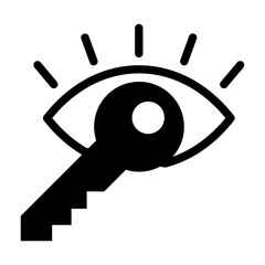 Glyph style icon of an eye with key representing visibility and access permission.
