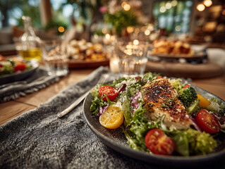 a table set for a meal with a plate of grilled salmon on a bed of salad in the foreground. In the background, there are people gathered around the table, enjoying the meal