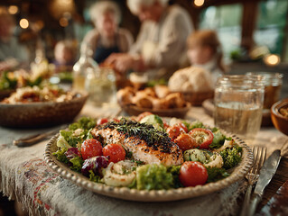 a table set for a meal with a plate of grilled salmon on a bed of salad in the foreground. In the background, there are people gathered around the table, enjoying the meal