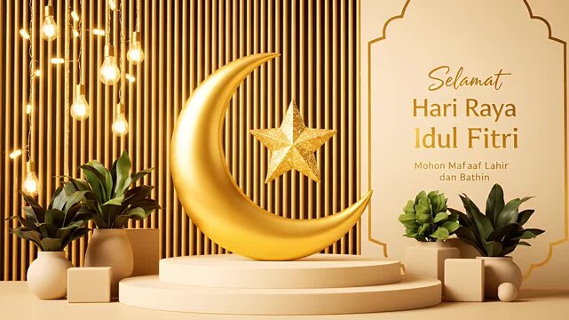 Elegant gold moon and star on podium for Idul Fitri Eid.