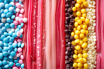 Background made entirely from colorful candy creating a playful sweet textured design composition