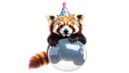 A red panda wearing a party hat, holding a large clear bubble, and looking forward