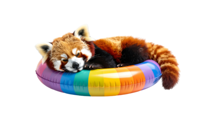 Sleepy red panda floats in a colorful inflatable ring, resting peacefully