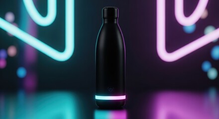 Black water bottle with neon glow on dark background.