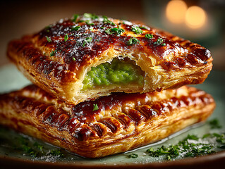  two puff pastry pockets filled with green peas and a creamy filling, garnished with fresh parsley leaves.