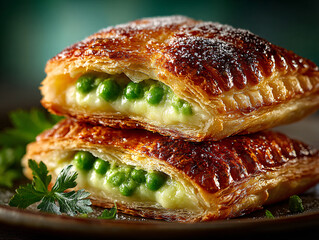  two puff pastry pockets filled with green peas and a creamy filling, garnished with fresh parsley leaves.