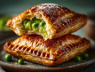  two puff pastry pockets filled with green peas and a creamy filling, garnished with fresh parsley leaves.