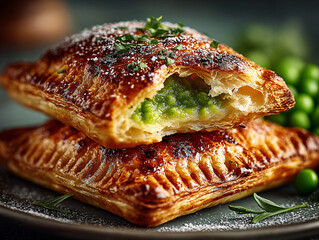  two puff pastry pockets filled with green peas and a creamy filling, garnished with fresh parsley leaves.