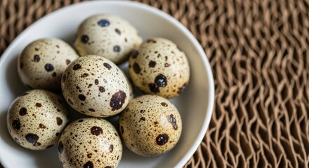 A white bowl holds speckled quail eggs on a textured brown surface.