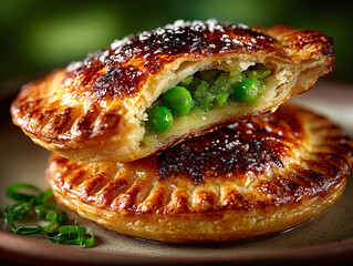 two puff pastry pockets filled with green peas and a creamy filling, garnished with fresh parsley leaves.