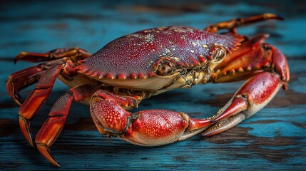 Vibrant red crab on rustic blue wooden surface.