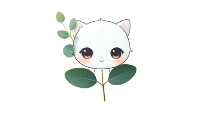 Adorable cartoon cat head blossom with big eyes, cheeks, and eucalyptus branch