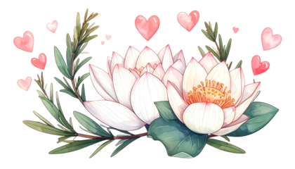 Watercolor depiction of two white lotus flowers, green foliage, and pink hearts