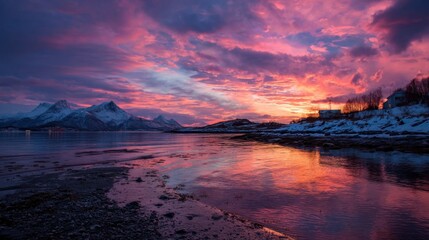 Vibrant sunset over snowy mountain and reflective lake.