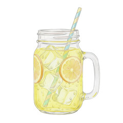 Cold Lemonade In Mason Jar Mug With Handle features refreshing yellow citrus drink with ice cubes and striped straw for summer, isolated on transparent background, png.