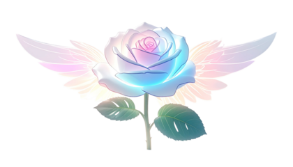 A digital fantasy illustration of a luminous rose with angel wings, set against a black background