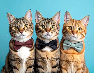 Three cats in bow ties against a blue background, looking at viewer