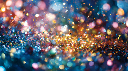 Abstract background with colorful glitter particles and vibrant bokeh creating a festive mood