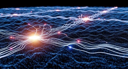 Digital network of glowing neural pathways pulsing with light and energy.