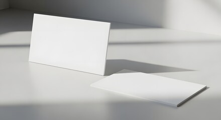 Clean white business cards with subtle shadows on a light surface.