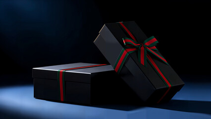 A mysterious black gift box with red ribbon on blue surface