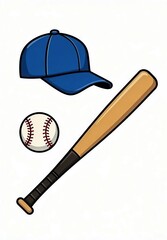baseball bat, baseball ball and baseball cap illustration 