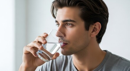 Fototapeta premium Young man drinks clear water from a glass for refreshment and health.