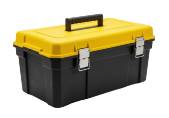 highly detailed rugged black industrial toolbox featuring a vibrant safety yellow lid and silver latches, isolated on a white background conveying robustness and utility concept for tool accessory