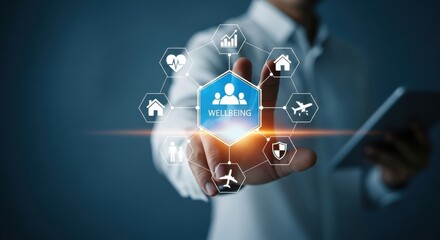 Hand touching digital wellbeing hub with connected life service icons.