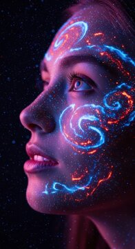 Woman with glowing neon paint designs on face and glitter dots under dark lighting.