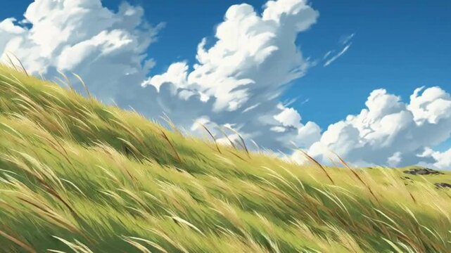 Side-View Grassy Plain with Drifting Clouds